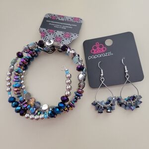 Paparazzi Iridescent Blue and Purple Multi-Strand Coil Bracelet & Earrings Set